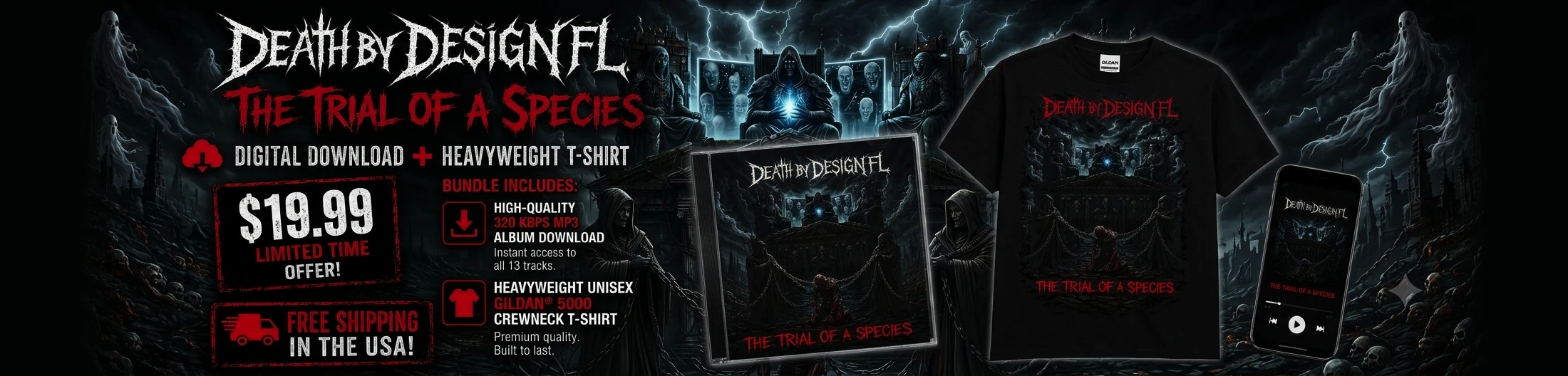 Shop The Trial of a Species digital album and premium T-shirt bundle from Death by Design FL